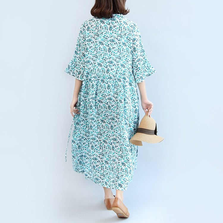 2025 blue print linen dresses plus size casual maxi dress