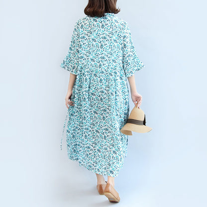 2025 blue print linen dresses plus size casual maxi dress