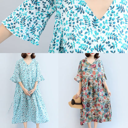 2025 blue print linen dresses plus size casual maxi dress