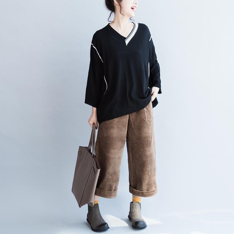 2025 fall black V neck cotton sweater plus size patchwork knit tops