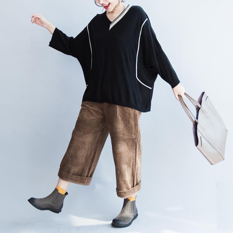 2025 fall black V neck cotton sweater plus size patchwork knit tops