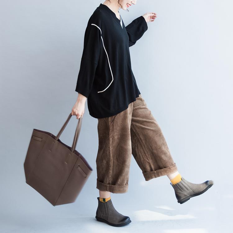 2025 fall black V neck cotton sweater plus size patchwork knit tops