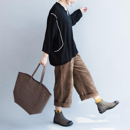 2025 fall black V neck cotton sweater plus size patchwork knit tops