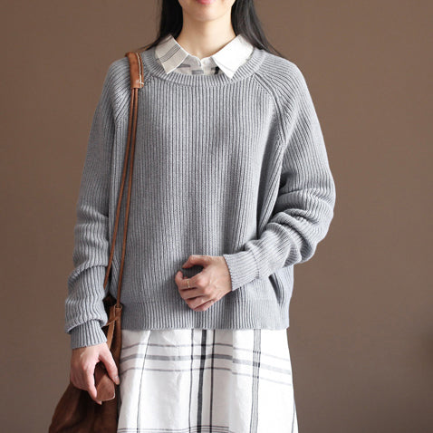 2025 fall gray cotton knit tops oversize casual batwing sleeve sweater pullover