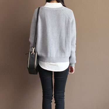 2025 fall gray cotton knit tops oversize casual batwing sleeve sweater pullover