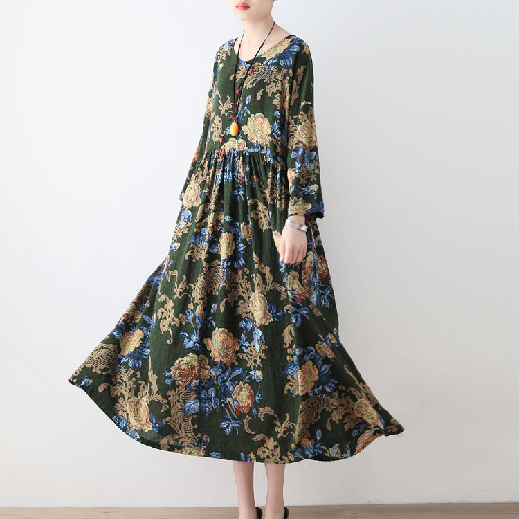 2025 fall green floral tunic linen dresses long cotton maxi dress gown
