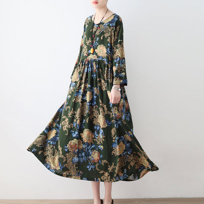 2025 fall green floral tunic linen dresses long cotton maxi dress gown