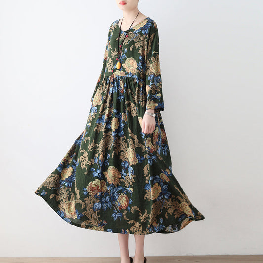 2025 fall green floral tunic linen dresses long cotton maxi dress gown