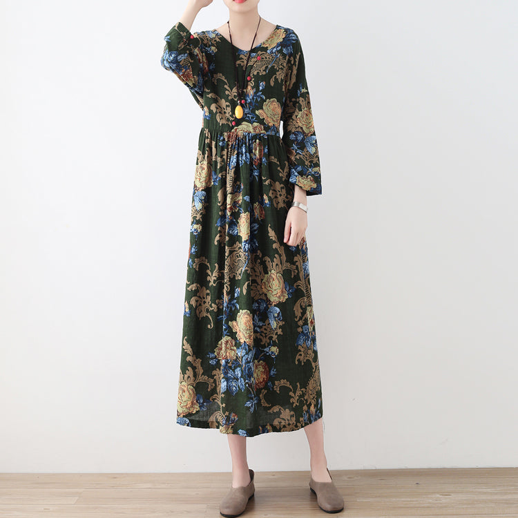 2025 fall green floral tunic linen dresses long cotton maxi dress gown
