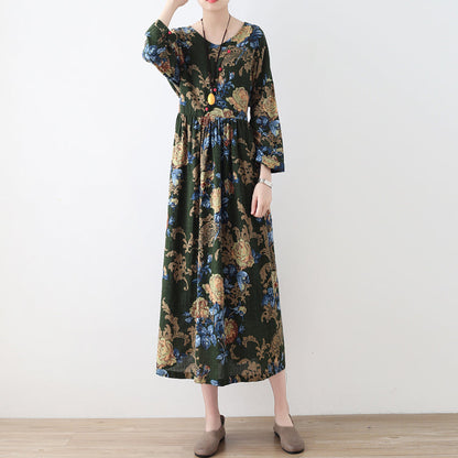 2025 fall green floral tunic linen dresses long cotton maxi dress gown