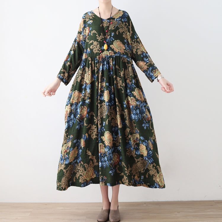2025 fall green floral tunic linen dresses long cotton maxi dress gown