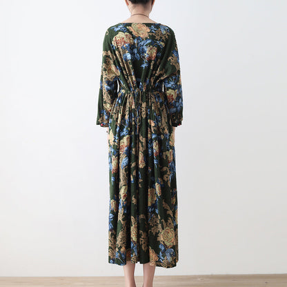 2025 fall green floral tunic linen dresses long cotton maxi dress gown