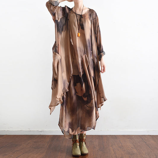 2025 fall khaki print silk dresses flowy baggy caftans two pieces