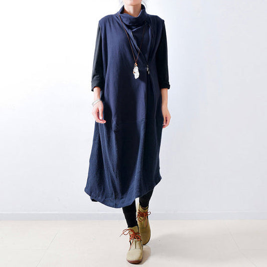 2025 fall navy linen dresses shoulder zipper design oversized caftans gown