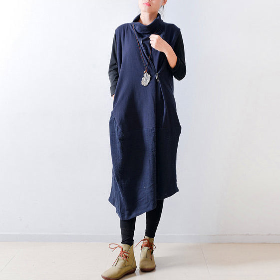 2025 fall navy linen dresses shoulder zipper design oversized caftans gown