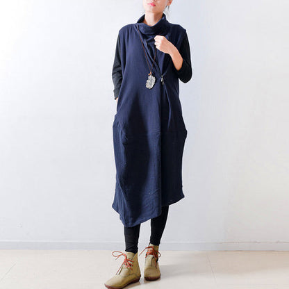 2025 fall navy linen dresses shoulder zipper design oversized caftans gown