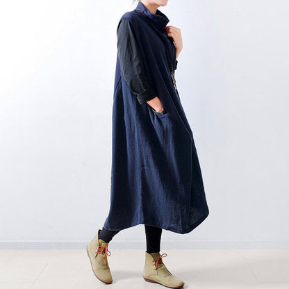 2025 fall navy linen dresses shoulder zipper design oversized caftans gown