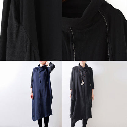 2025 fall navy linen dresses shoulder zipper design oversized caftans gown