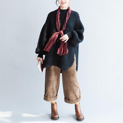 2025 fall new black cotton sweater plus size fashion long sleeve knit pullover side open