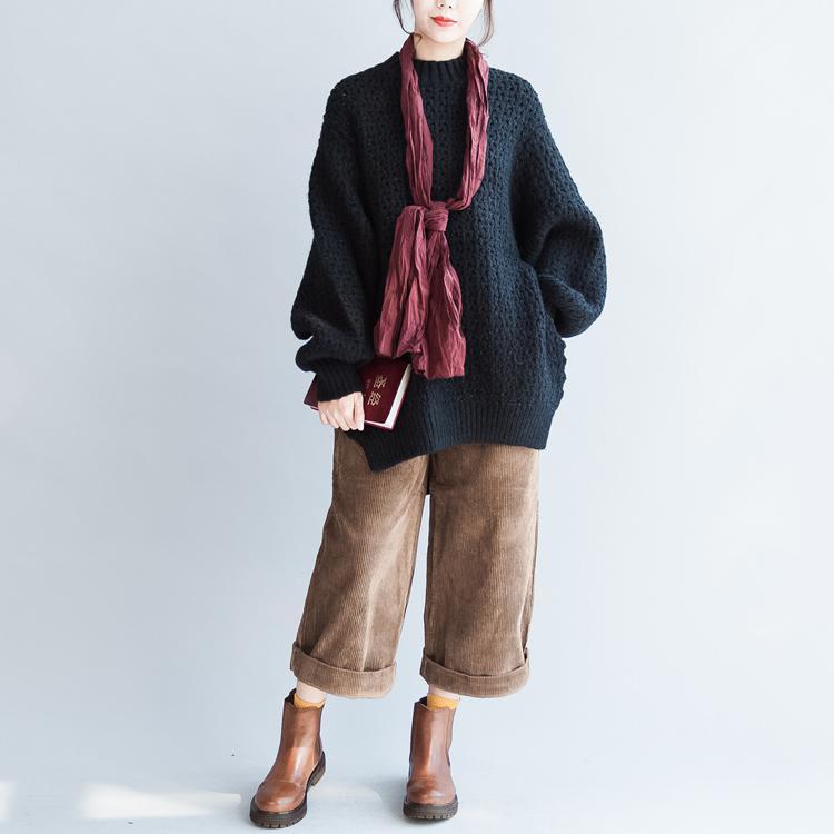 2025 fall new black cotton sweater plus size fashion long sleeve knit pullover side open