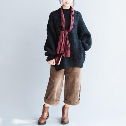 2025 fall new black cotton sweater plus size fashion long sleeve knit pullover side open