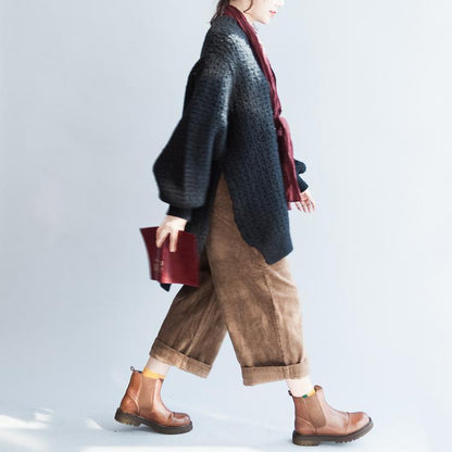 2025 fall new black cotton sweater plus size fashion long sleeve knit pullover side open