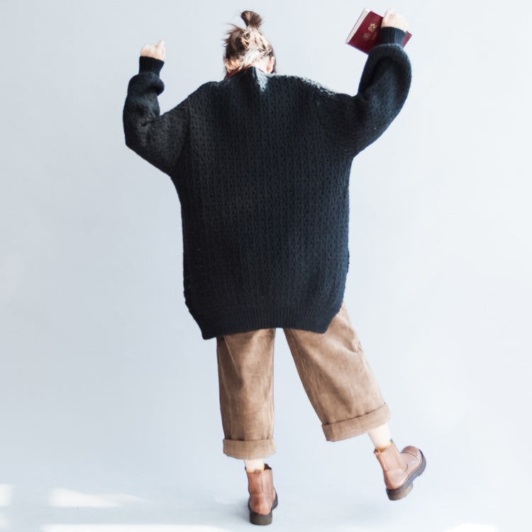2025 fall new black cotton sweater plus size fashion long sleeve knit pullover side open