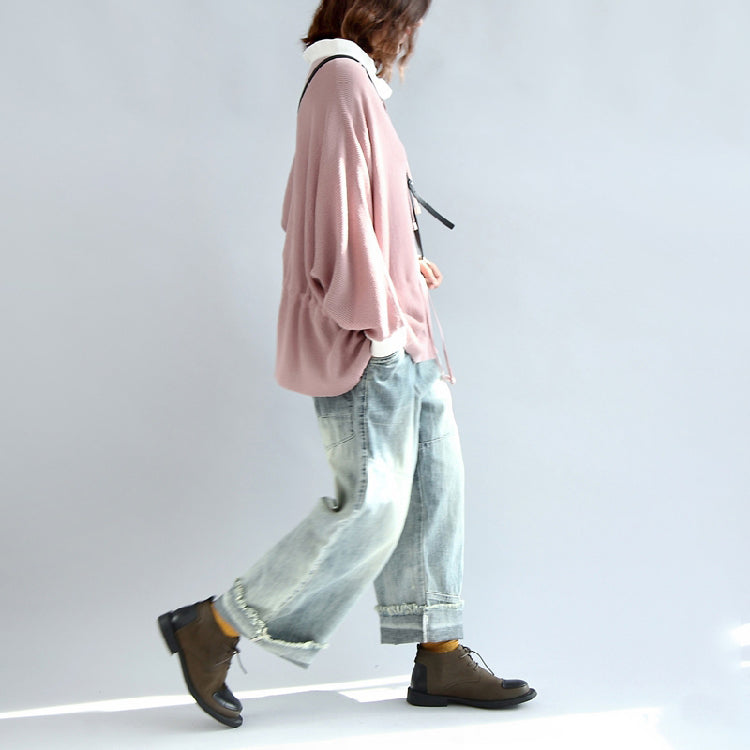 2025 fall pink casual knit tops plus size white neck ruffles fashion sweaters