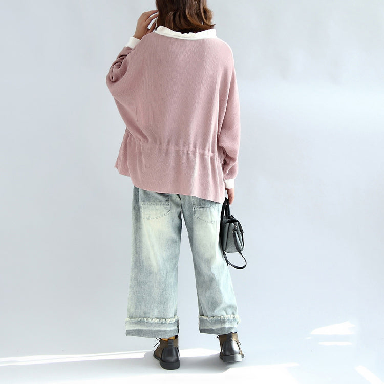2025 fall pink casual knit tops plus size white neck ruffles fashion sweaters