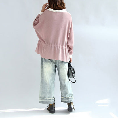 2025 fall pink casual knit tops plus size white neck ruffles fashion sweaters