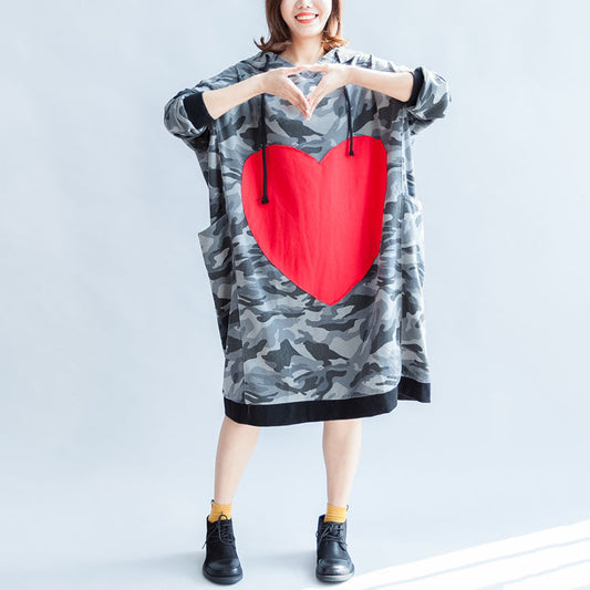 2025 fall prints ruffles black cotton shift dresses hooded oversize casual dress patchwork loving heart