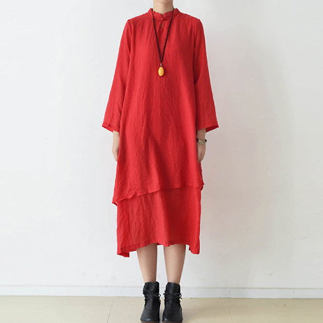 2025 fall red cotton dresses layered long maxi dress vintage high neck design