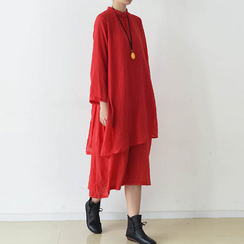2025 fall red cotton dresses layered long maxi dress vintage high neck design