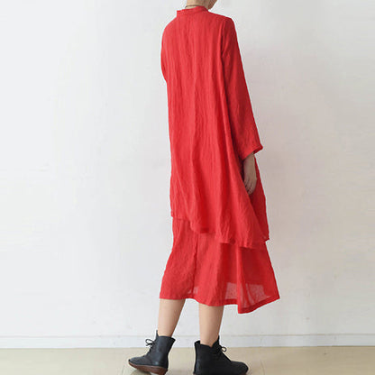 2025 fall red cotton dresses layered long maxi dress vintage high neck design