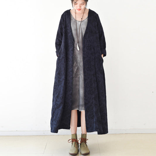 2025 fall trend Navy jacquard linen coats long maxi coat V neck casual cardigan