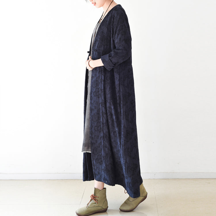 2025 fall trend Navy jacquard linen coats long maxi coat V neck casual cardigan