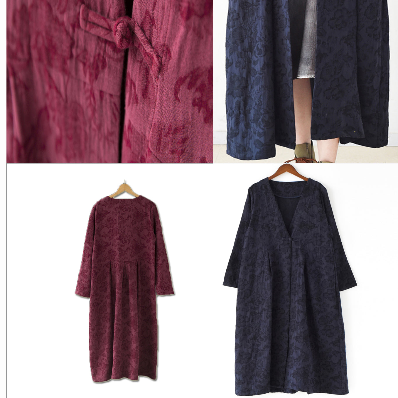 2025 fall trend Navy jacquard linen coats long maxi coat V neck casual cardigan