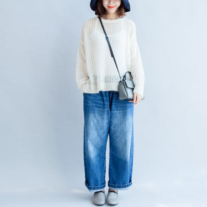 2025 fall white hollow out cotton knit tops plus size casual long sleeve sweaters side open
