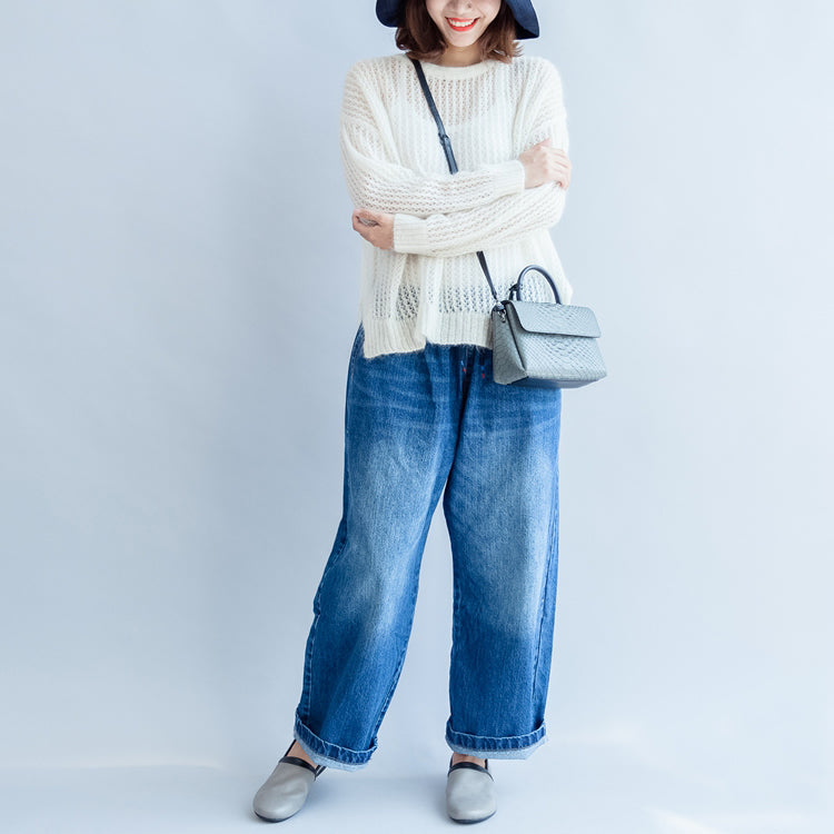 2025 fall white hollow out cotton knit tops plus size casual long sleeve sweaters side open