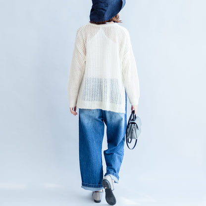 2025 fall white hollow out cotton knit tops plus size casual long sleeve sweaters side open