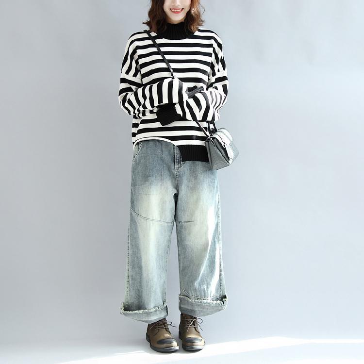 2025 fashion black white striped cotton knit tops plus size asymmetric design sweater
