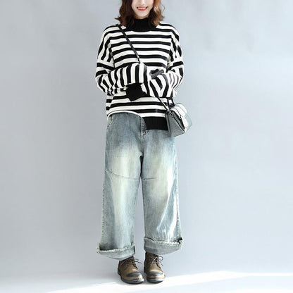 2025 fashion black white striped cotton knit tops plus size asymmetric design sweater