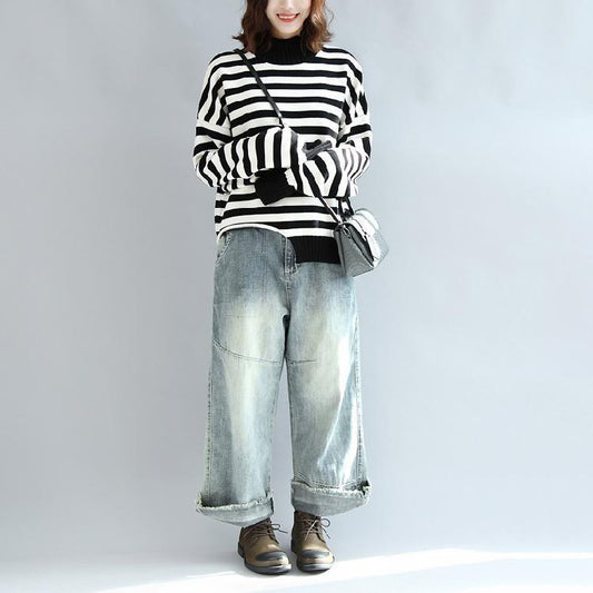 2025 fashion black white striped cotton knit tops plus size asymmetric design sweater