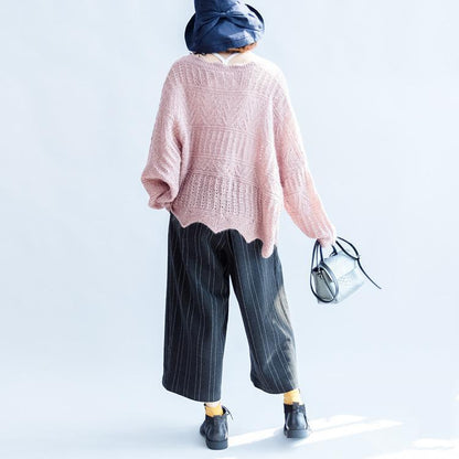 2025 fashion cotton knit tops ruffles oversize v neck sweaters