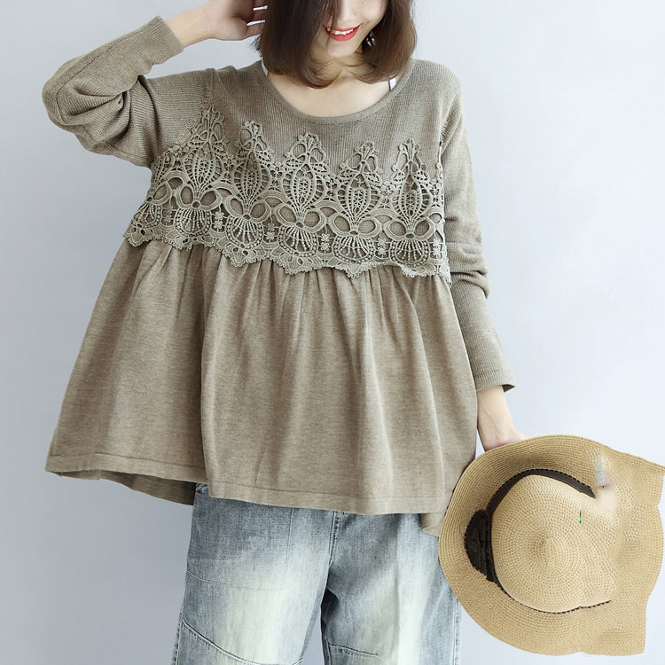 2025 fashion khaki floral knit pullover loose casual o neck sweater