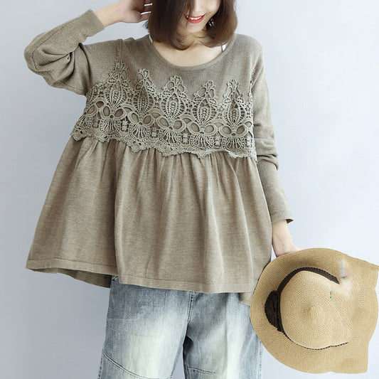 2025 fashion khaki floral knit pullover loose casual o neck sweater