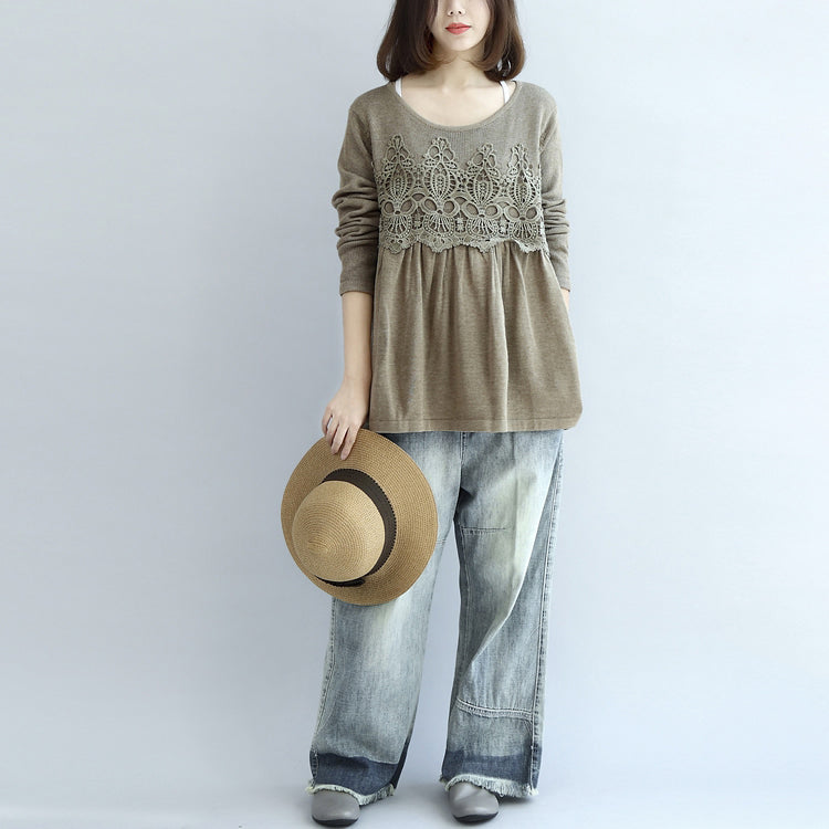 2025 fashion khaki floral knit pullover loose casual o neck sweater