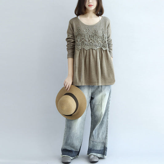 2025 fashion khaki floral knit pullover loose casual o neck sweater
