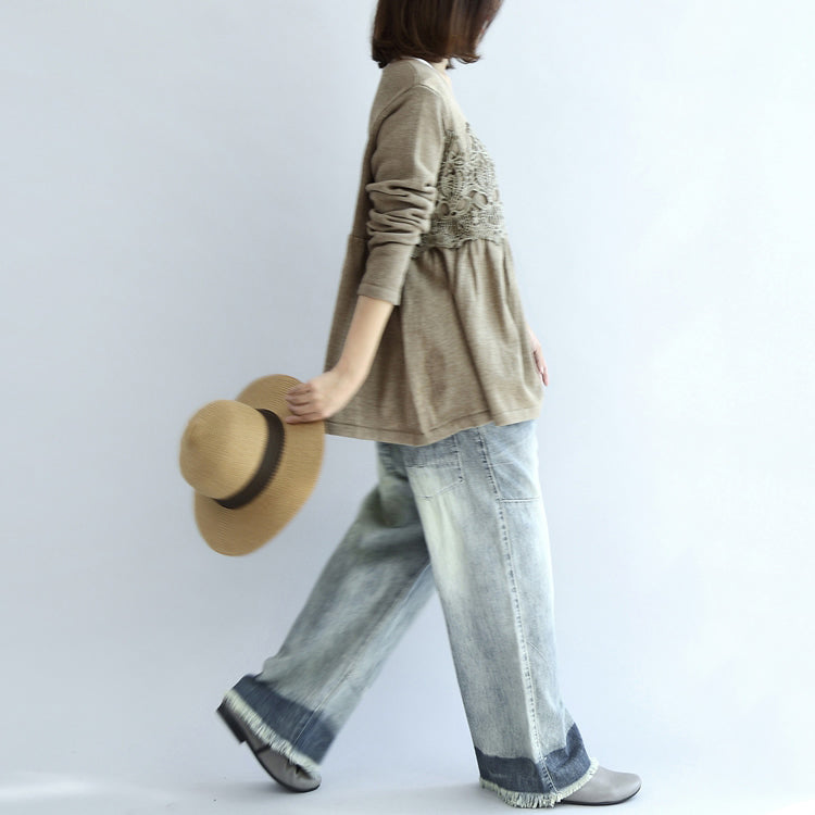 2025 fashion khaki floral knit pullover loose casual o neck sweater