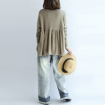2025 fashion khaki floral knit pullover loose casual o neck sweater